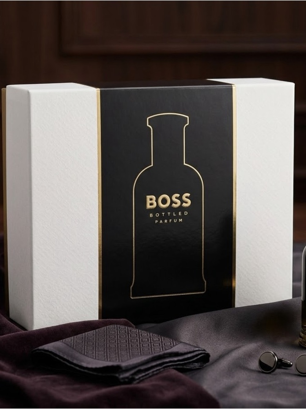 Boss Black & White Gold-Accent Cuff Links Set